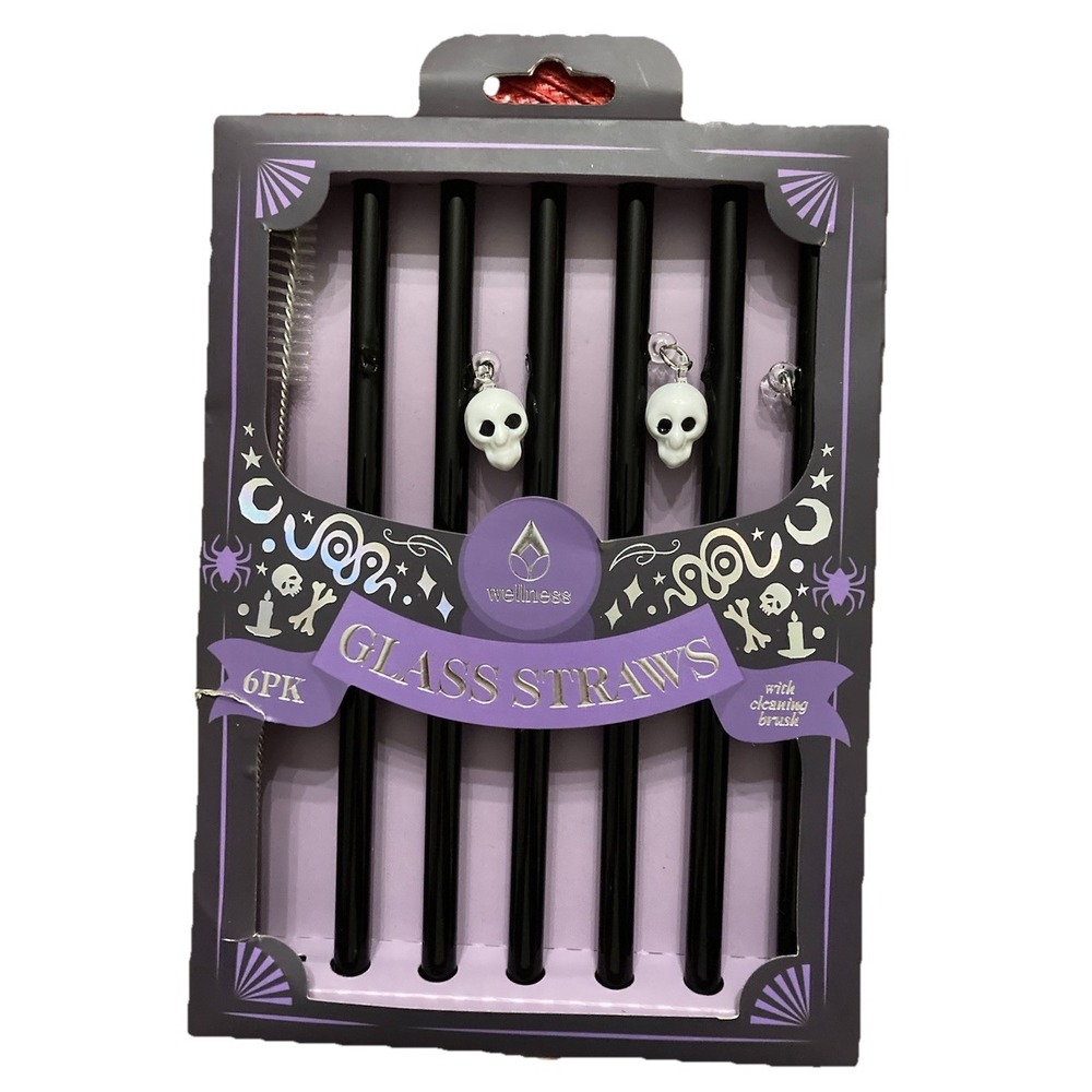 WELLNESS Glass Straws Reusable Black Skulls 6 Pack NIBโ W/Brush Spooky